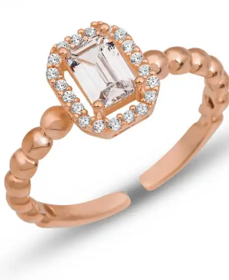 Gümüş Ayarlanabilir Rose Beyaz Baget Taşlı Kadın Yüzük