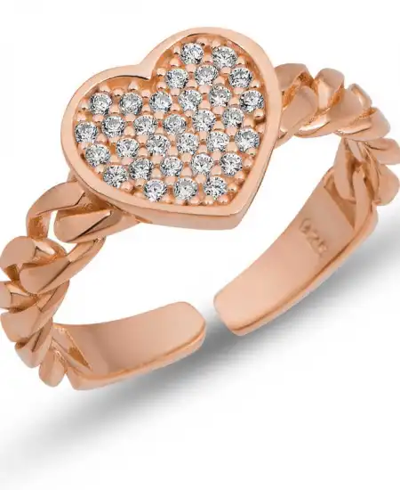 Gümüş Ayarlanabilir Rose Kalpli Kadın Yüzük