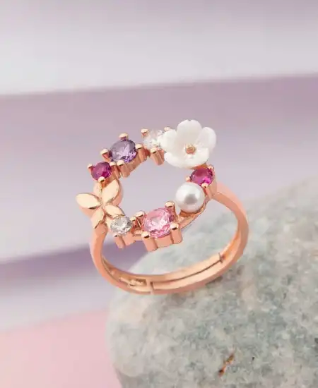 Gümüş Ayarlanabilir Rose Manolya Çiçeği Kadın Yüzük