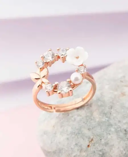 Gümüş Ayarlanabilir Rose Manolya Çiçeği Kadın Yüzük