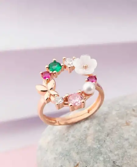 Gümüş Ayarlanabilir Rose Manolya Çiçeği Kadın Yüzük