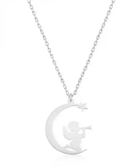 Gümüş Ayda Oturan Melek Bayan Kolye