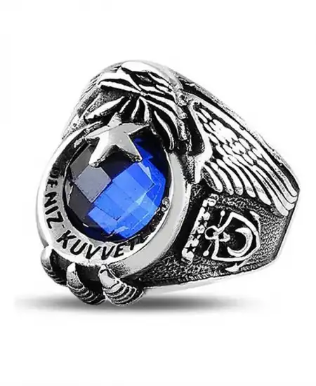 Gümüş Ayyıldız Deniz Kuvvetleri Mavi Taşlı Erkek Yüzük