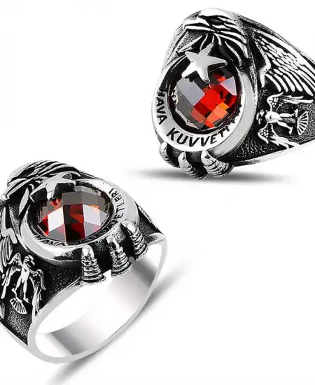 Gümüş Ayyıldız Hava Kuvvetleri Kırmızı Taşlı Erkek Yüzük