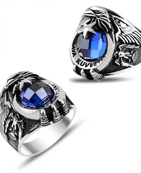 Gümüş Ayyıldız Hava Kuvvetleri Mavi Taşlı Erkek Yüzük