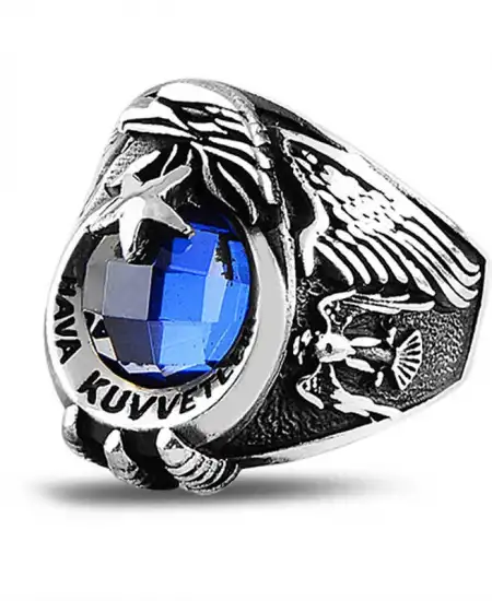 Gümüş Ayyıldız Hava Kuvvetleri Mavi Taşlı Erkek Yüzük