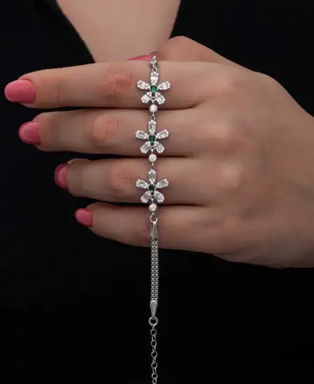 Gümüş Baget Çiçek Desenli Kadın Bileklik