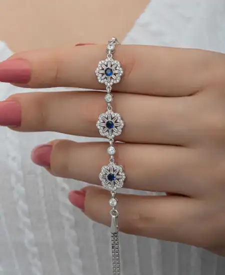 Gümüş Baget Çiçek Desenli Kadın Bileklik