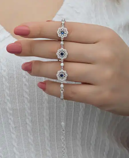 Gümüş Baget Çiçek Desenli Kadın Bileklik