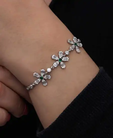 Gümüş Baget Çiçek Desenli Kadın Bileklik