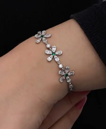 Gümüş Baget Çiçek Desenli Kadın Bileklik