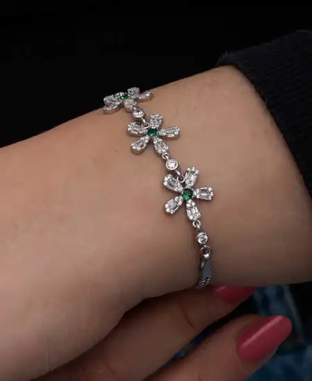 Gümüş Baget Çiçek Desenli Kadın Bileklik