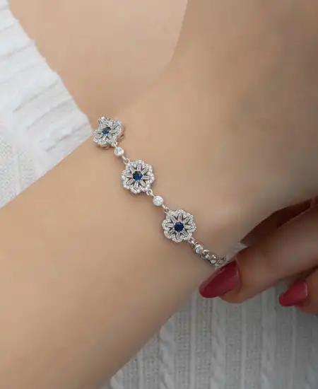 Gümüş Baget Çiçek Desenli Kadın Bileklik