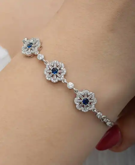 Gümüş Baget Çiçek Desenli Kadın Bileklik