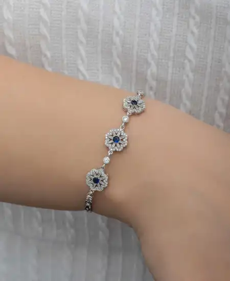 Gümüş Baget Çiçek Desenli Kadın Bileklik