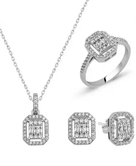 Gümüş Baget Taşlı Bayan Set