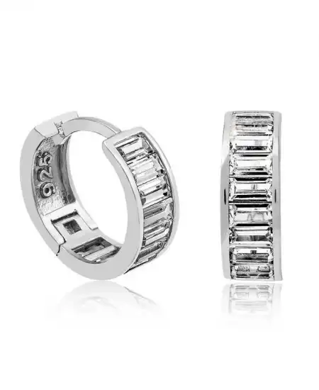 Gümüş Baget Taşlı Halka Küpe