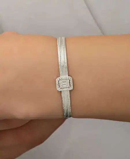 Gümüş Baget Taşlı Trabzon Hasır Kadın Bileklik