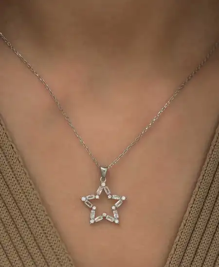 Gümüş Baget Taşlı Yıldız Kolye