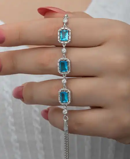 Gümüş Baget Turkuaz Taşlı Kadın Bileklik