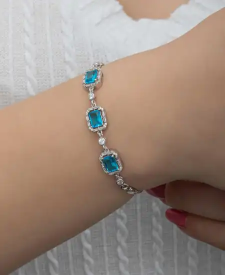 Gümüş Baget Turkuaz Taşlı Kadın Bileklik