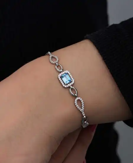 Gümüş Baget Turkuaz Taşlı Kadın Bileklik