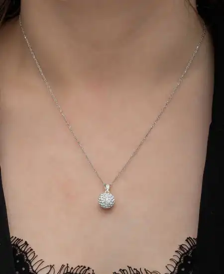 Gümüş Beyaz Kristal Taşlı Kadın Kolye