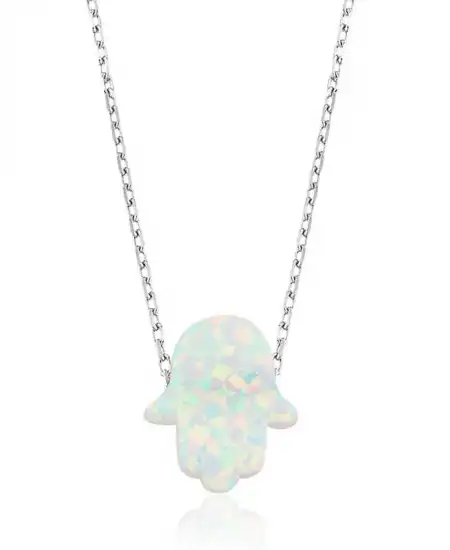 Gümüş Beyaz Opal Fatma Ana Eli Bayan Kolye