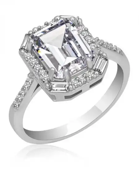 Gümüş Beyaz Taşlı Baget Kare Kadın Yüzük