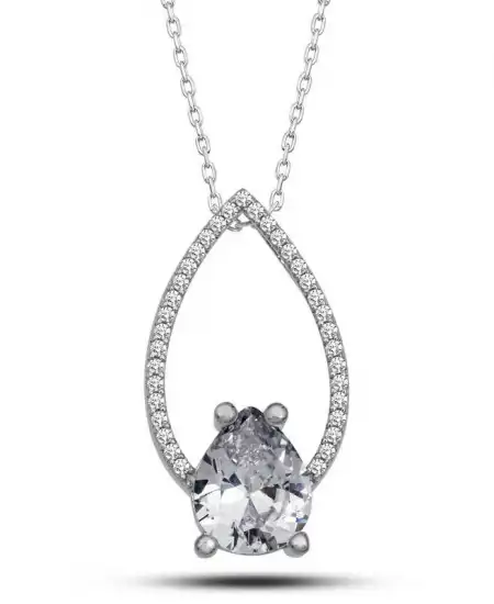 Gümüş Beyaz Taşlı Damla Kadın Kolye