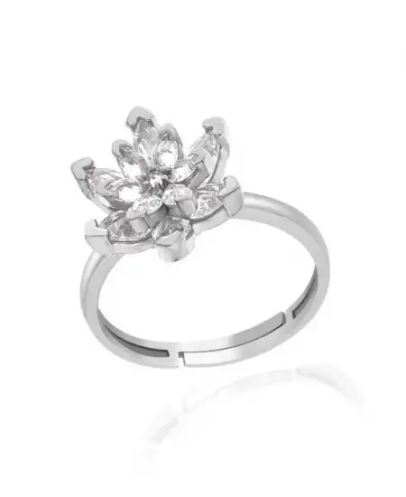 Gümüş Beyaz Taşlı Lotus Çiçeği Kadın Yüzük