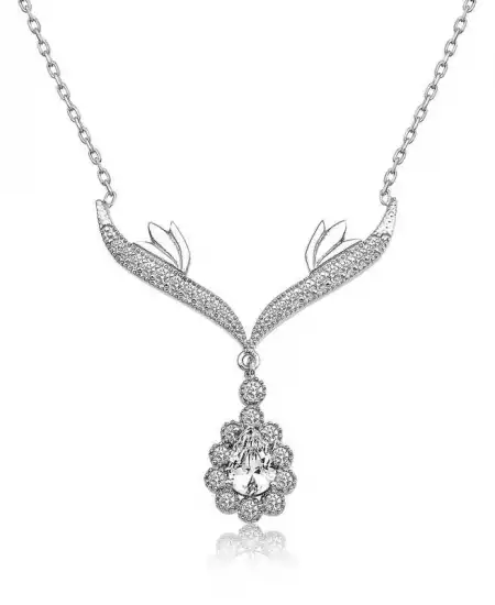 Gümüş Beyaz Taşlı Madalyon  Bayan Kolye