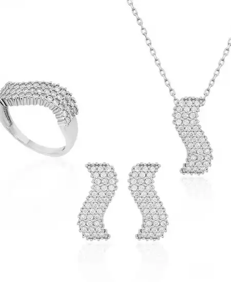 Gümüş Beyaz Taşlı Su Yolu Bayan Set