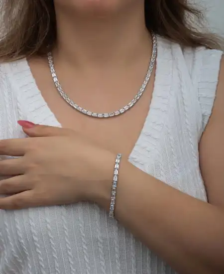 Gümüş Beyaz Taşlı Su Yolu Kadın Set