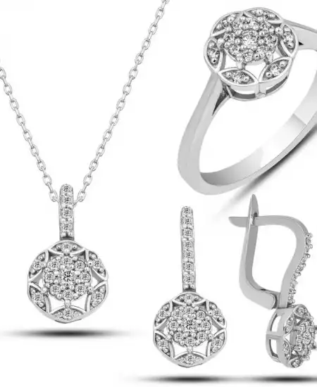 Gümüş Beyaz Zirkon Taşlı Çiçek Kadın Set