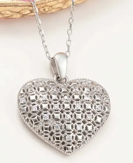 Gümüş Bombeli Kalp Kadın Kolye