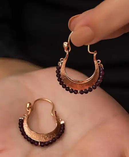 Gümüş Bordo Taşlı Bohem Küpe