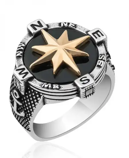 Gümüş Çapa Detaylı Pusula Erkek Yüzük