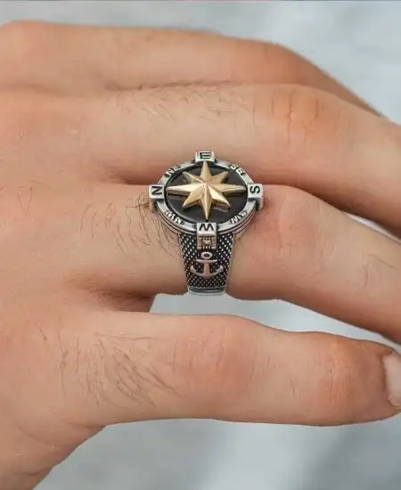 Gümüş Çapa Detaylı Pusula Erkek Yüzük