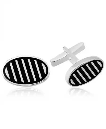 Gümüş Çapraz Çizgili Oval Kol Düğmesi