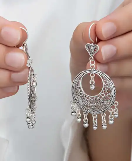 Gümüş Çember Telkari Sallantılı Kadın Küpe