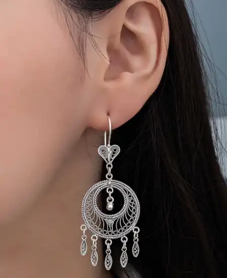 Gümüş Çember Telkari Sallantılı Kadın Küpe