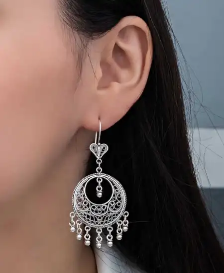 Gümüş Çember Telkari Sallantılı Kadın Küpe