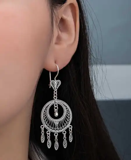 Gümüş Çember Telkari Sallantılı Kadın Küpe