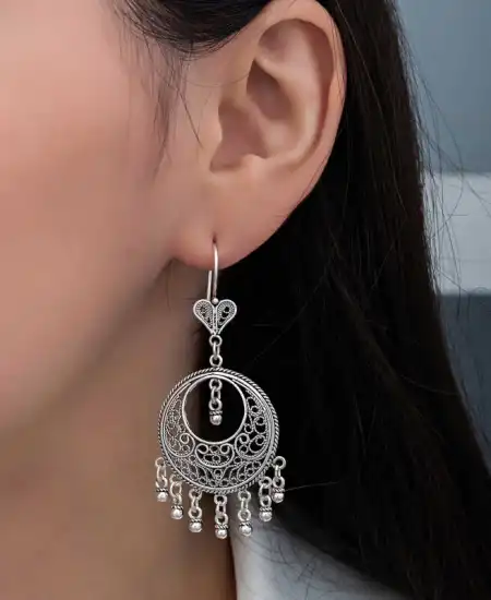 Gümüş Çember Telkari Sallantılı Kadın Küpe