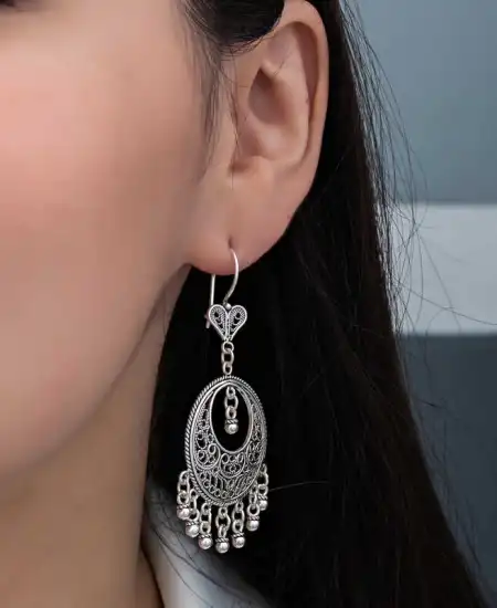 Gümüş Çember Telkari Sallantılı Kadın Küpe