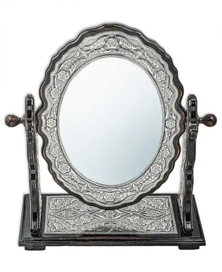 Gümüş Çiçek Desenli Oval Çift Taraflı Ayna