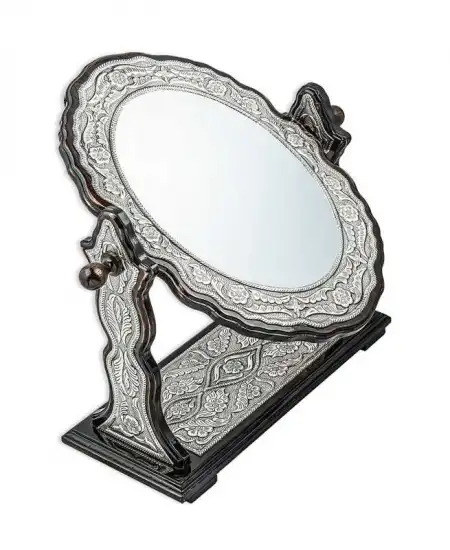 Gümüş Çiçek Desenli Oval Çift Taraflı Ayna
