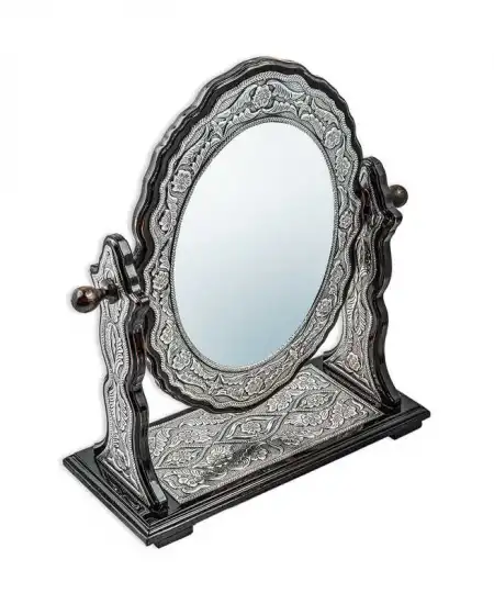 Gümüş Çiçek Desenli Oval Çift Taraflı Ayna