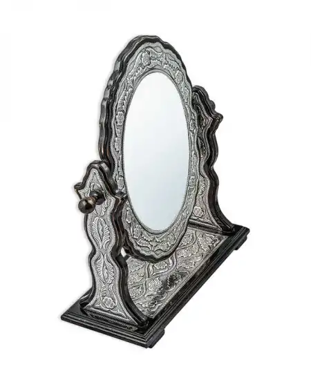 Gümüş Çiçek Desenli Oval Çift Taraflı Ayna